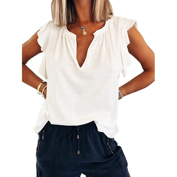 Blusa Informal de Verano con Volantes y Corta para Mujer, Cuello en V, Blusa de Trabajo, Elegante Camiseta de Oficina M