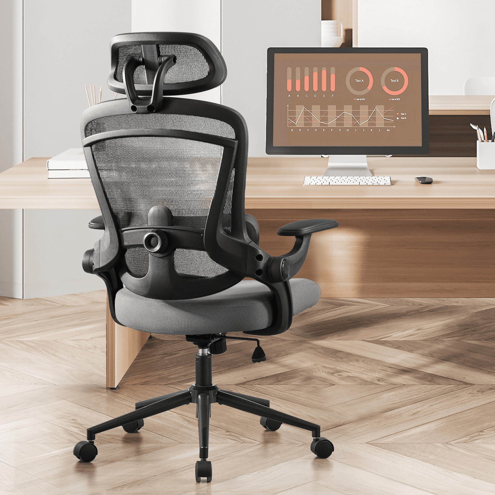 MAYEERTY High Back Desk Chair with Adjustable Lumbar Support & Headrest,Comfortable Mesh Computer Chair with Soft Flip Up Arms, Adjustable Height and 120°Tilt
