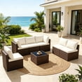 thumbnail image 7 of EDX 7 Piece Outdoor Wicker Patio Furniture Set, PE Rattan Sectional Conversation Set with Tempered Glass Coffee Table, Washable Cushions & Pillows for Backyard, Garden, Poolside, Brown, 7 of 7