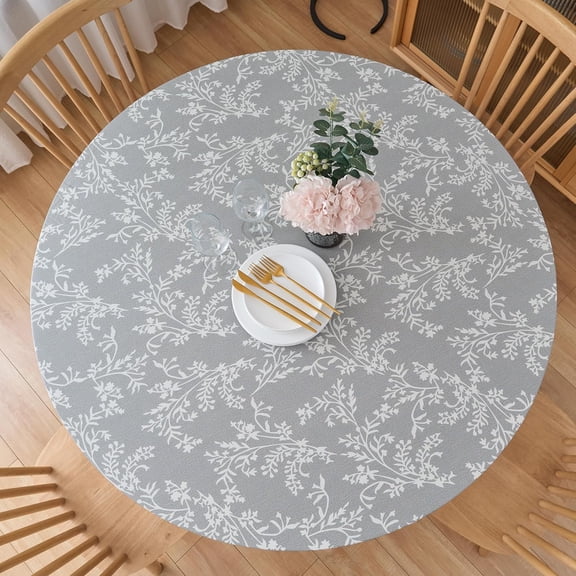 Round Fitted Vinyl Tablecloth with Flannel Backing, Elastic Edge Waterproof Table Cloth Plastic Table Cover for Indoor & Outdoor