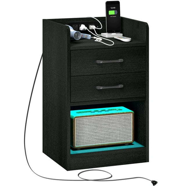 HOMCOM Nightstand with Charging Station, LED Bedside Table with 2 Drawers