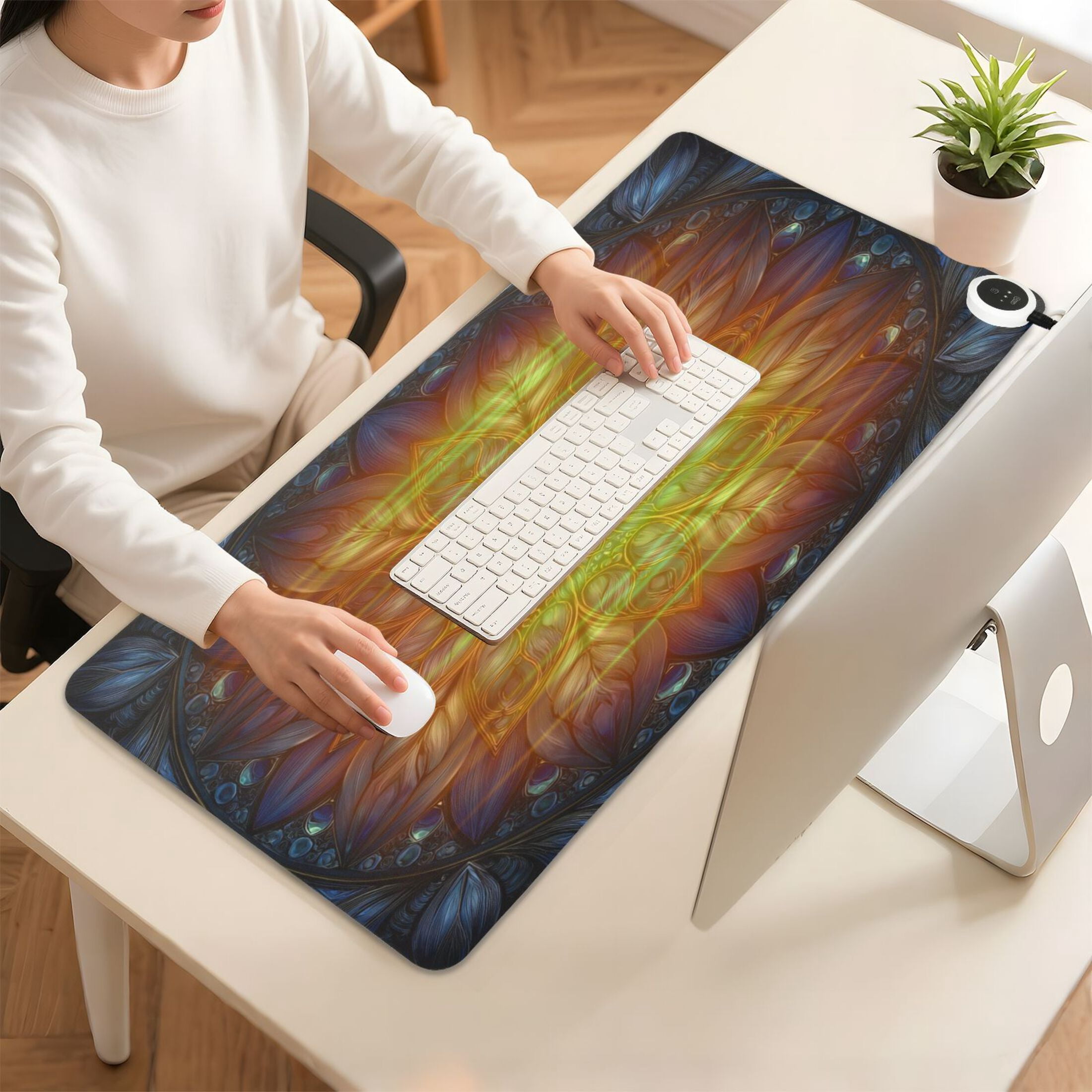 Large Heated Desk Mat Mouse Pad 31.5"x13"PU Leather Graphene Heating Desk Warmer with 3 Temperature Settings 110V US Plug Non-Slip Warm Pad for Home, Office, and Gaming Blue Glass Flower Petals