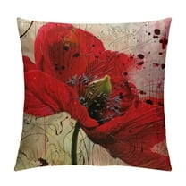 Fenyluxe  Flower Throw Pillow Cushion Cover, Red Poppy Flower Grungy Paint Brush Effect Beige Floral Design Digital Art Print, Decorative Square Accent Pillow Case 24x24in