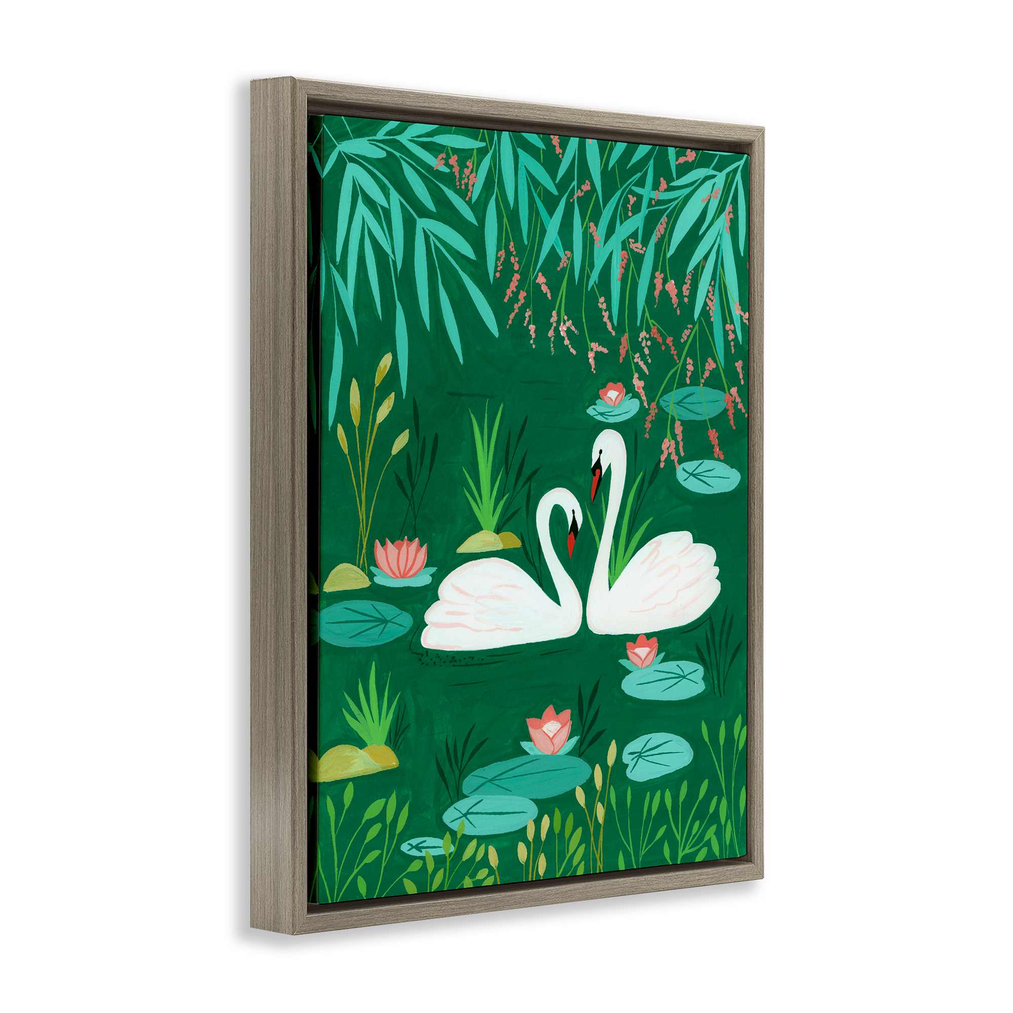 Swan Pair on Green Pond Brown Framed Floater Canvas Wall Art, design by Nabeela Rumi