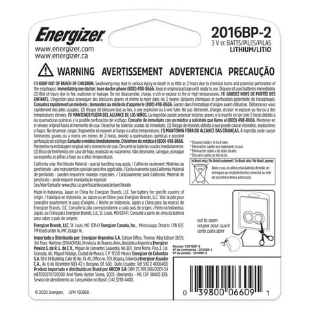 Energizer 2016 Batteries (2 Pack), 3V Lithium Coin Batteries