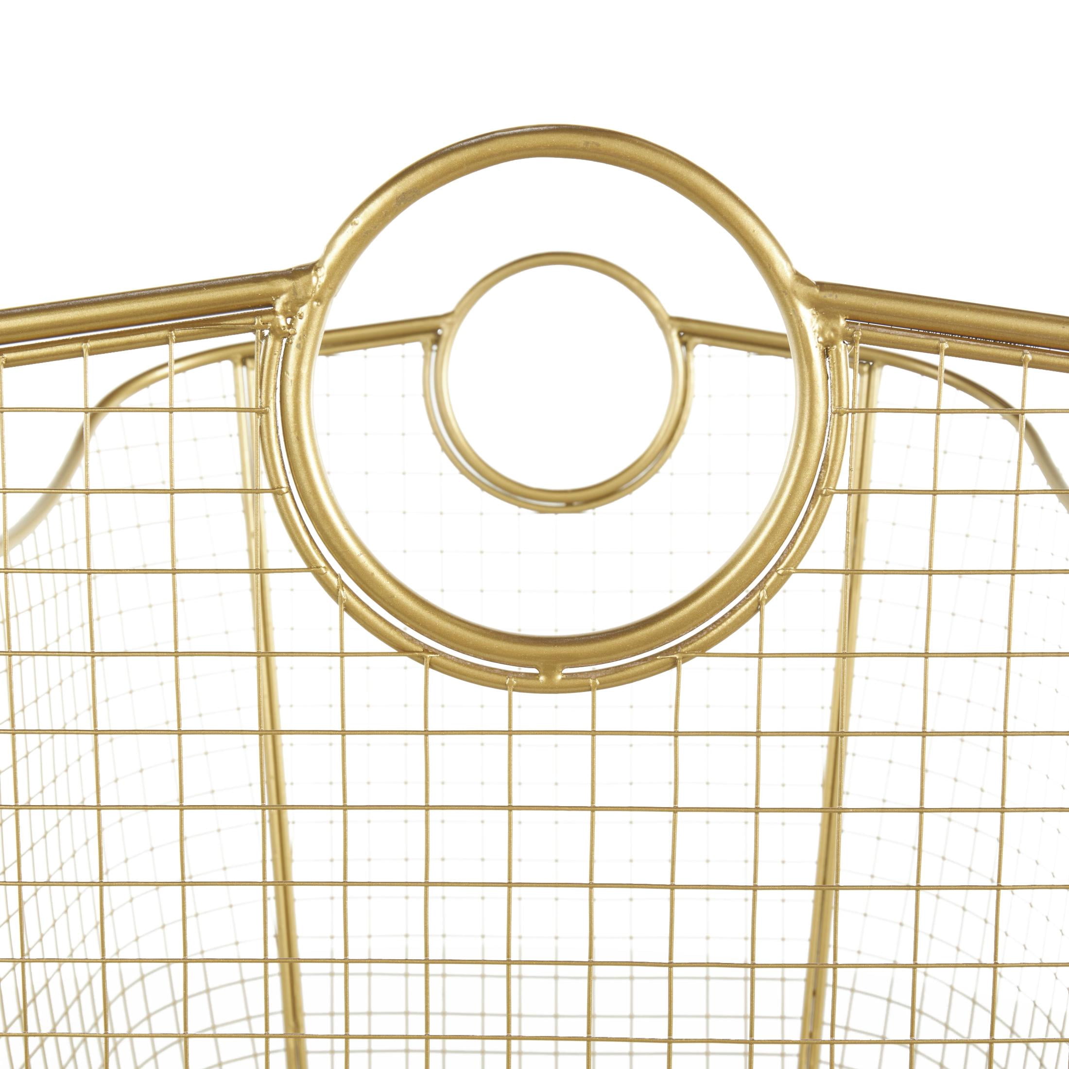 DecMode 20" x 19" Gold Metal Deep Storage Basket with Curved Sides and Ring Handles, 1-Piece