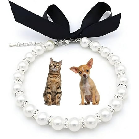 QIUYIDP Rhinestones & Pearl Dog Collar - White Pearl Cat Necklace - Beaded Bling Diamond Puppy Jewelry for XXS/XS Small Dogs & Kittens - Ideal for Chihuahua  Yorkie - Wedding Accessories (Size S)