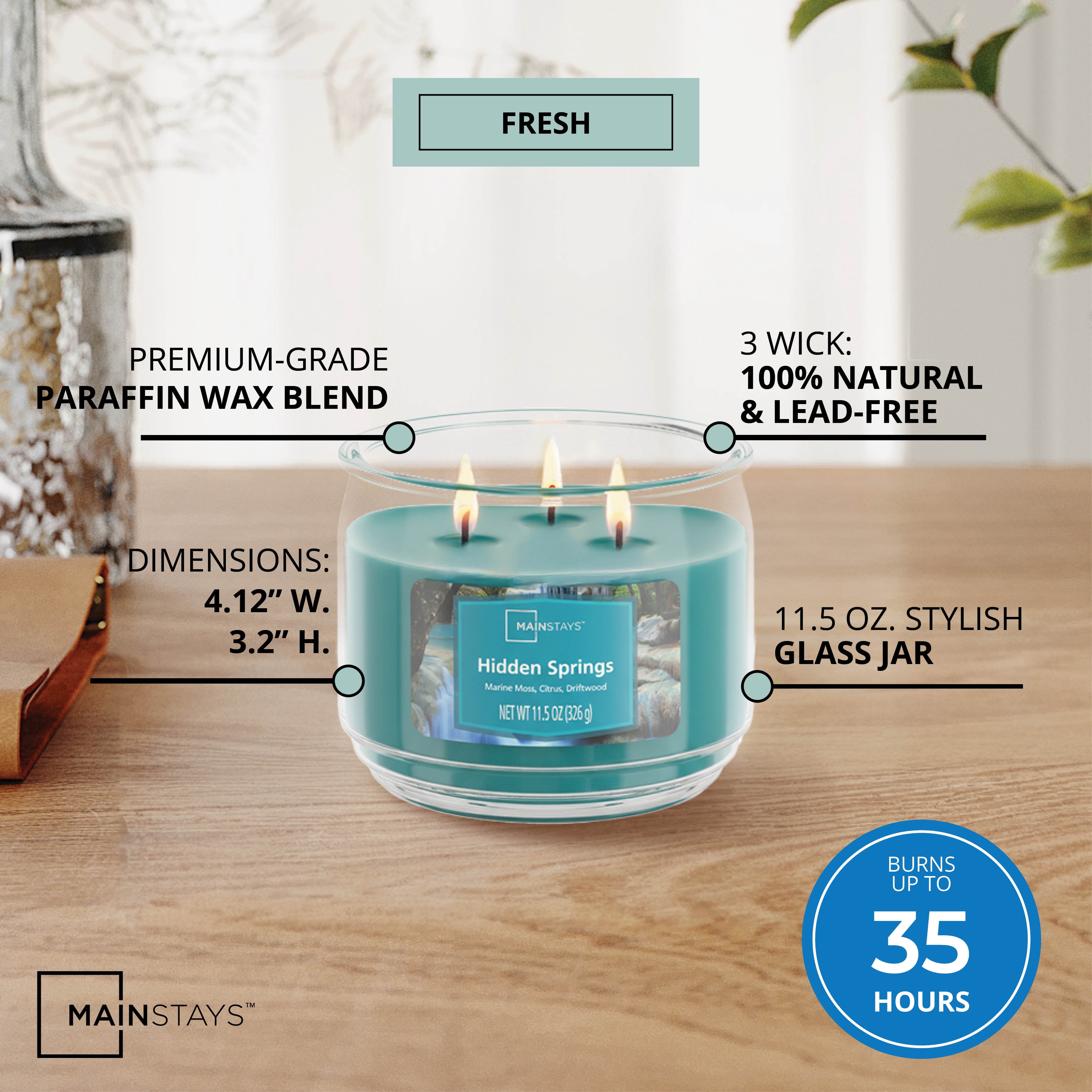 Mainstays 3-Wick Scented Glass Jar Candle, Hidden Springs, 11.5oz.