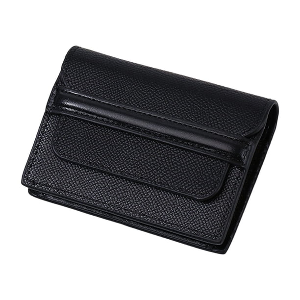 Estuche para tarjetas delgado con múltiples ranuras para tarjetas, compartimentos para billetes, forro con bloqueo RFID, diseño compacto para mujer, acabado en cuero negro, ideal para uso diario.