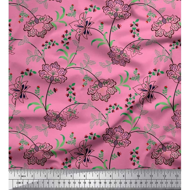 Soimoi Modal Satin Fabric Leaves & Floral Artistic Print Sewing Fabric Yard 42 Inch Wide