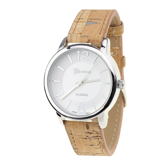 Women's Geneva Japanese Movement Silver-Tone Wood Look Faux Leather Band Watch