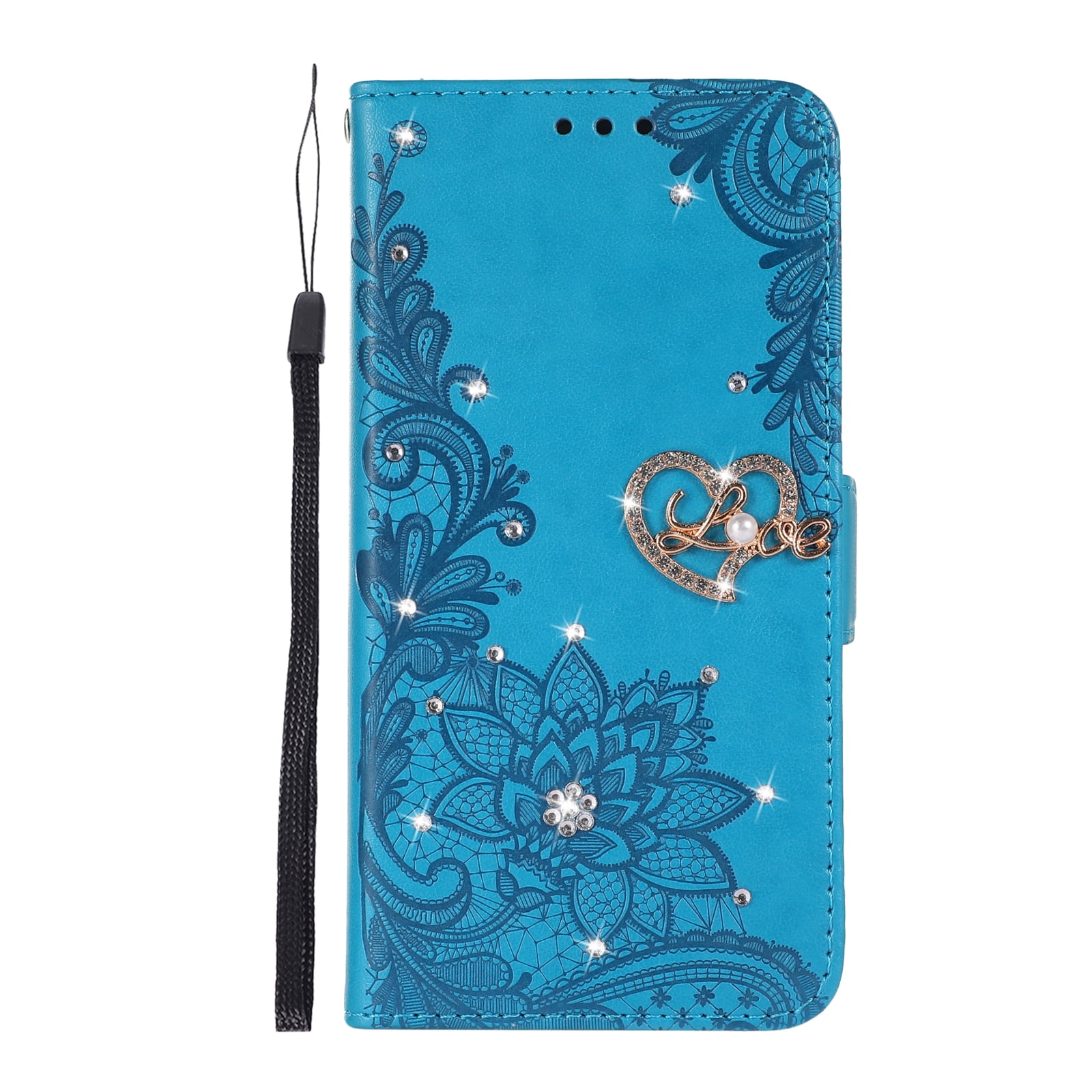 PU Leather Wallet Case for iPhone XS Max Lace Love Heart Sparkle Diamond Purse Case with Card Slots Kickstand Handstrap Magnetic Shockproof Case For iPhone XS Max,Skyblue