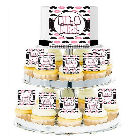 Mr & Mrs Lips and Mustache  Edible Photo Toppers  & Edible Cupcake Decoration Kit