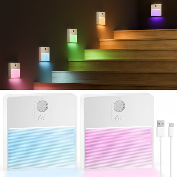 Rechargeable Stair Light Indoor, Motion Sensor Night Light with 7 Color & Stepless Dimming, Battery Night Light for Hallway,Bathroom,Toliet,Bedroom, 2-Pack