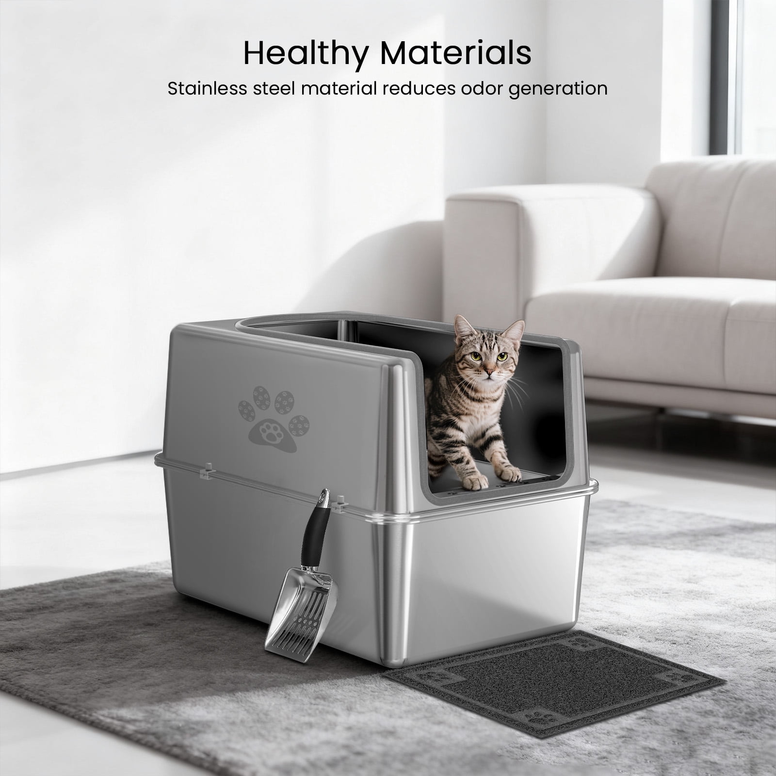 Ptlom Stainless Steel Litter Box with Lid Extra Large Cat Litter Box Metal Litter Pan 23.6" X 15.7" X 15.7"
