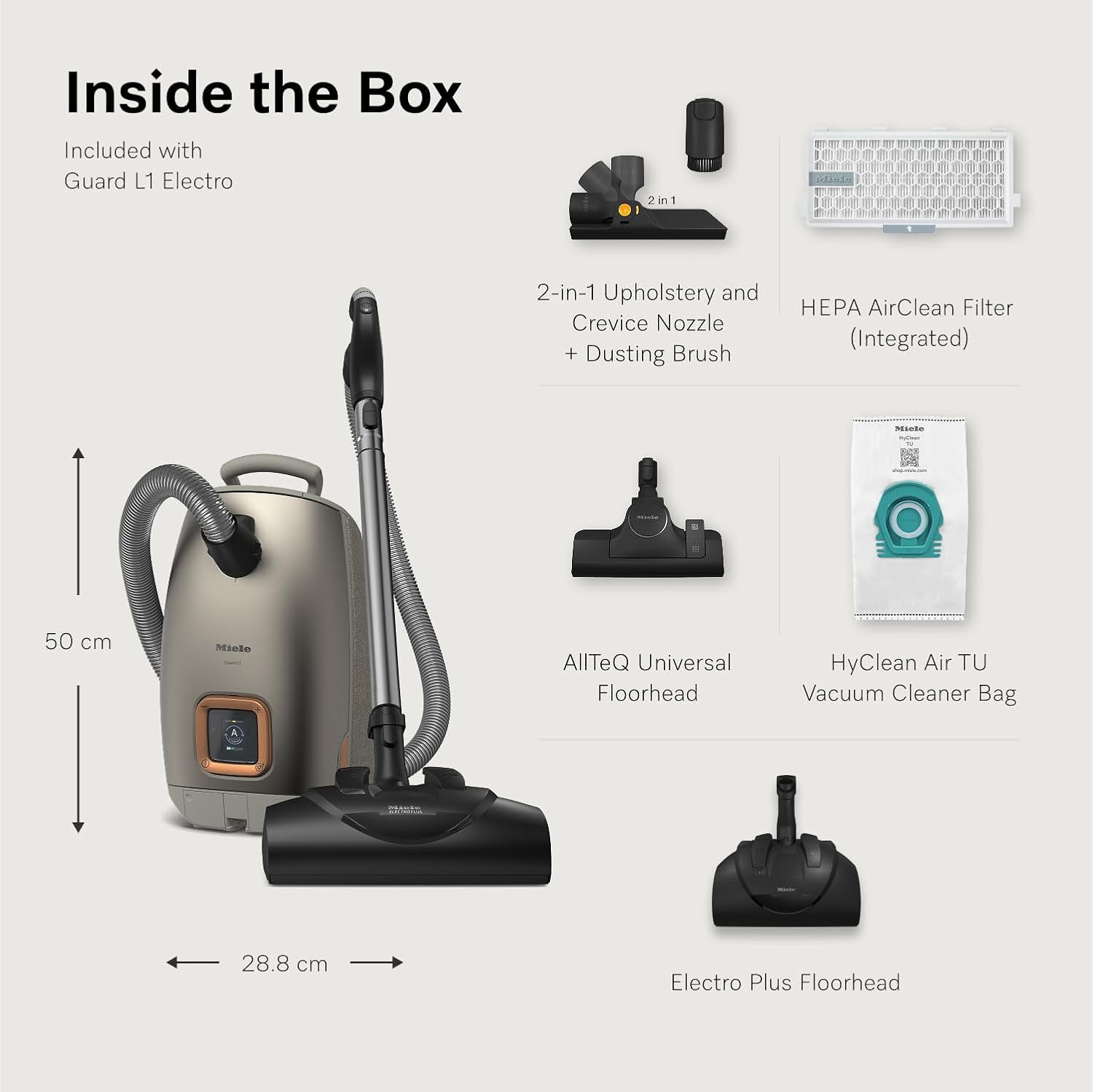 Miele Guard L1 Electro Bagged Canister Vacuum Cleaner with HEPA AirClean Filter, Electro Plus Floorhead, AllTeQ Universal Floorhead and LCD Display, Titanium Pearl Finish