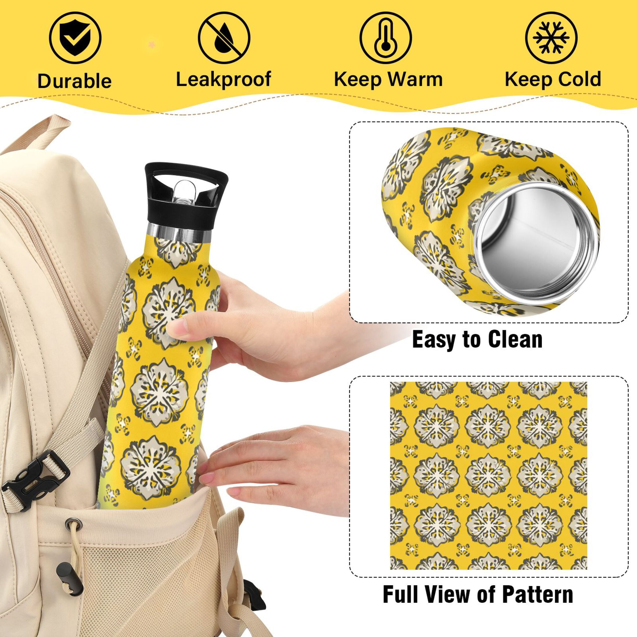 600ML Stainless Steel Insulated Cup Sports Water Bottle Portable Thermos Cup Water Glasses Insulated Tumblers Convenient and Durable Yellow Pattern Seamless