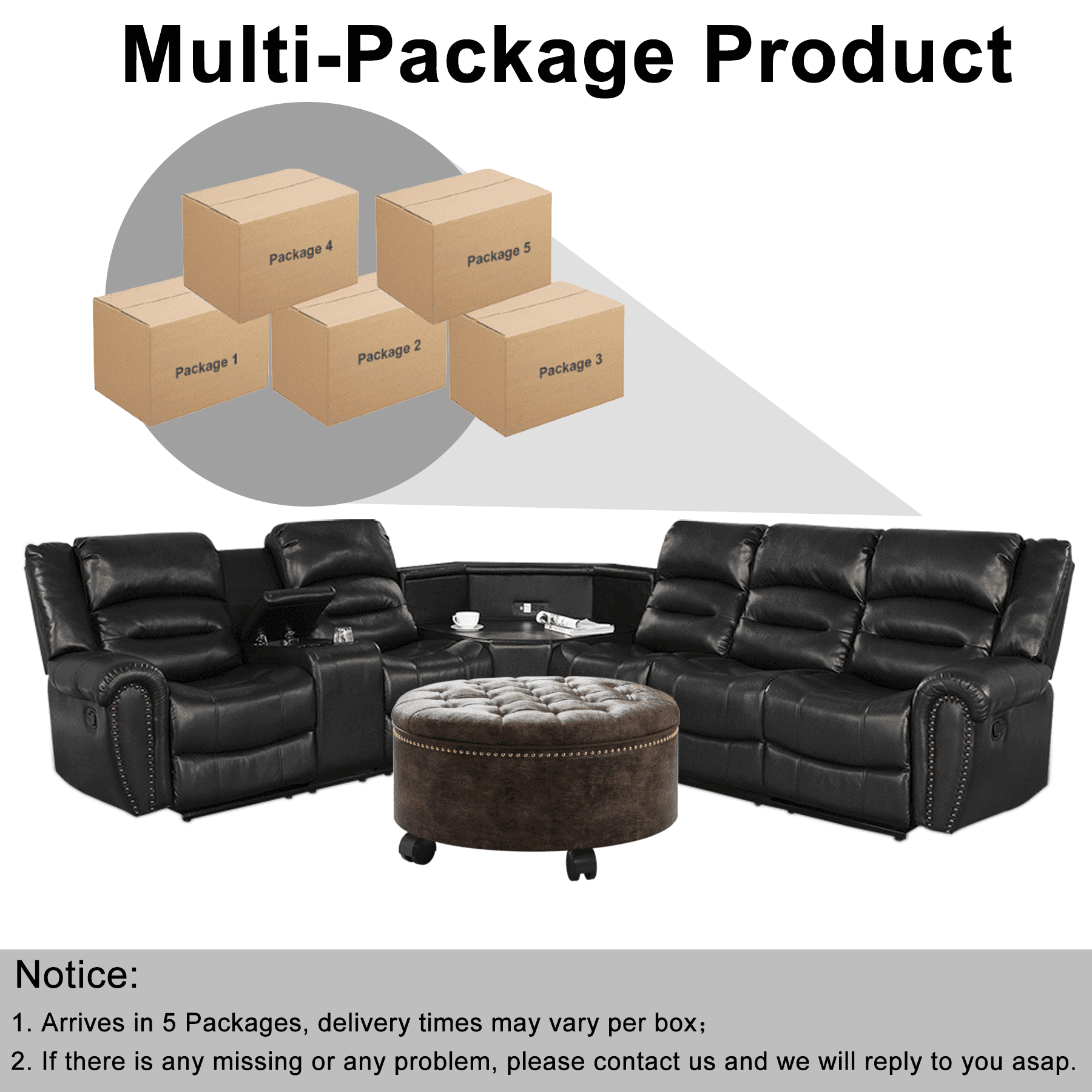 Nathaniel Home 2 Piece Modern Upholstered Leather Multifunctional Sectional Living Room Sofa Set Black and Brown