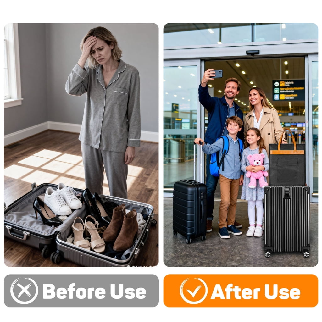 Portable Shoe Bag Including Adjustable and1eatherHandles Designed for Easy Attachment to Luggage
