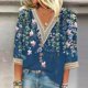 thumbnail image 2 of Camisa de Mujer blusa SCZ casual manga 3/4 adornos de encaje estampado cuello en V azul oscuro XL, 2 of 3