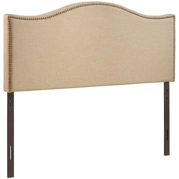 Pemberly Row Queen Nailhead Upholstered Linen Fabric Headboard in Cafe Brown