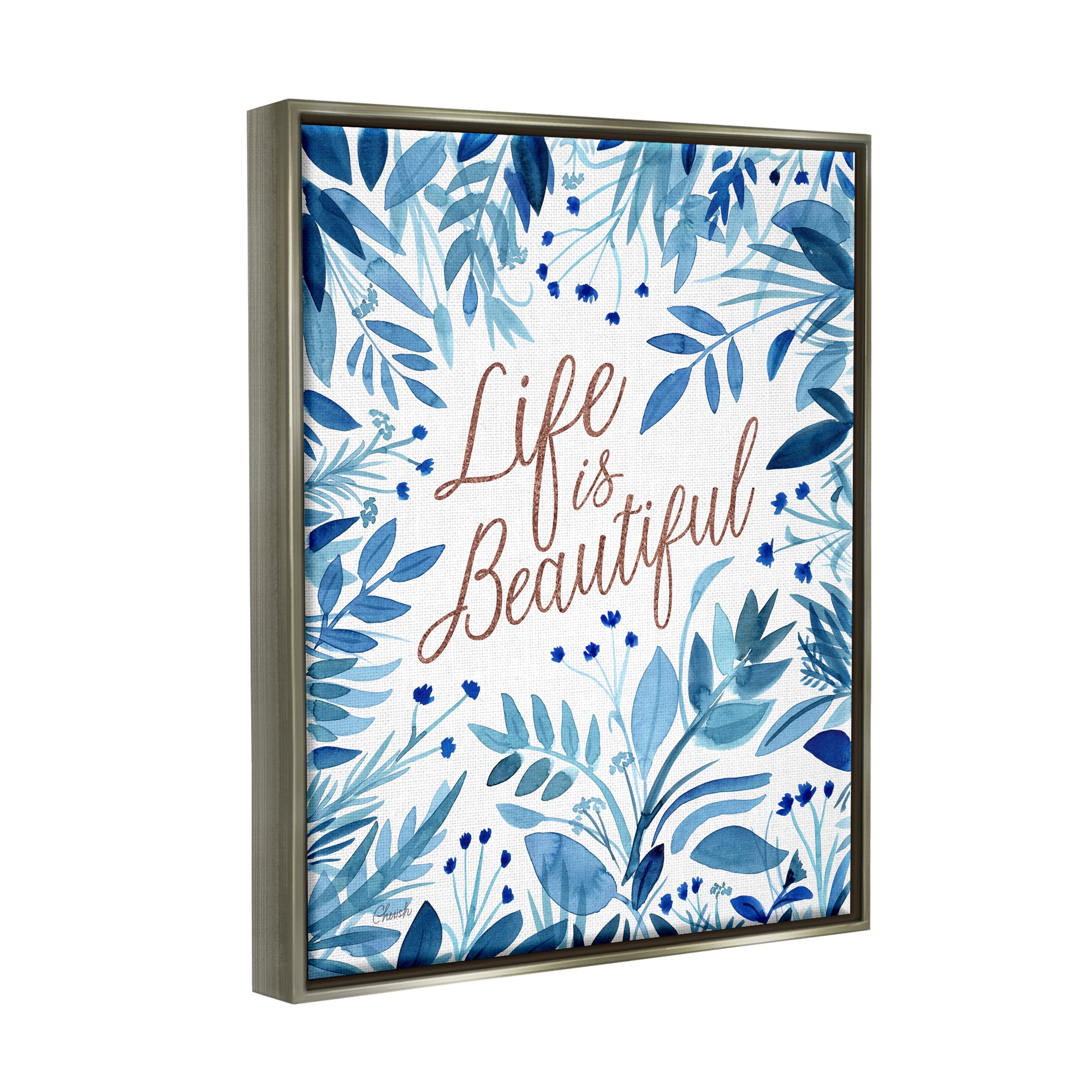 Stupell Life Is Beautiful Blue Wildflowers Botanical & Floral Painting Gray Floater Framed Art Print Wall Art