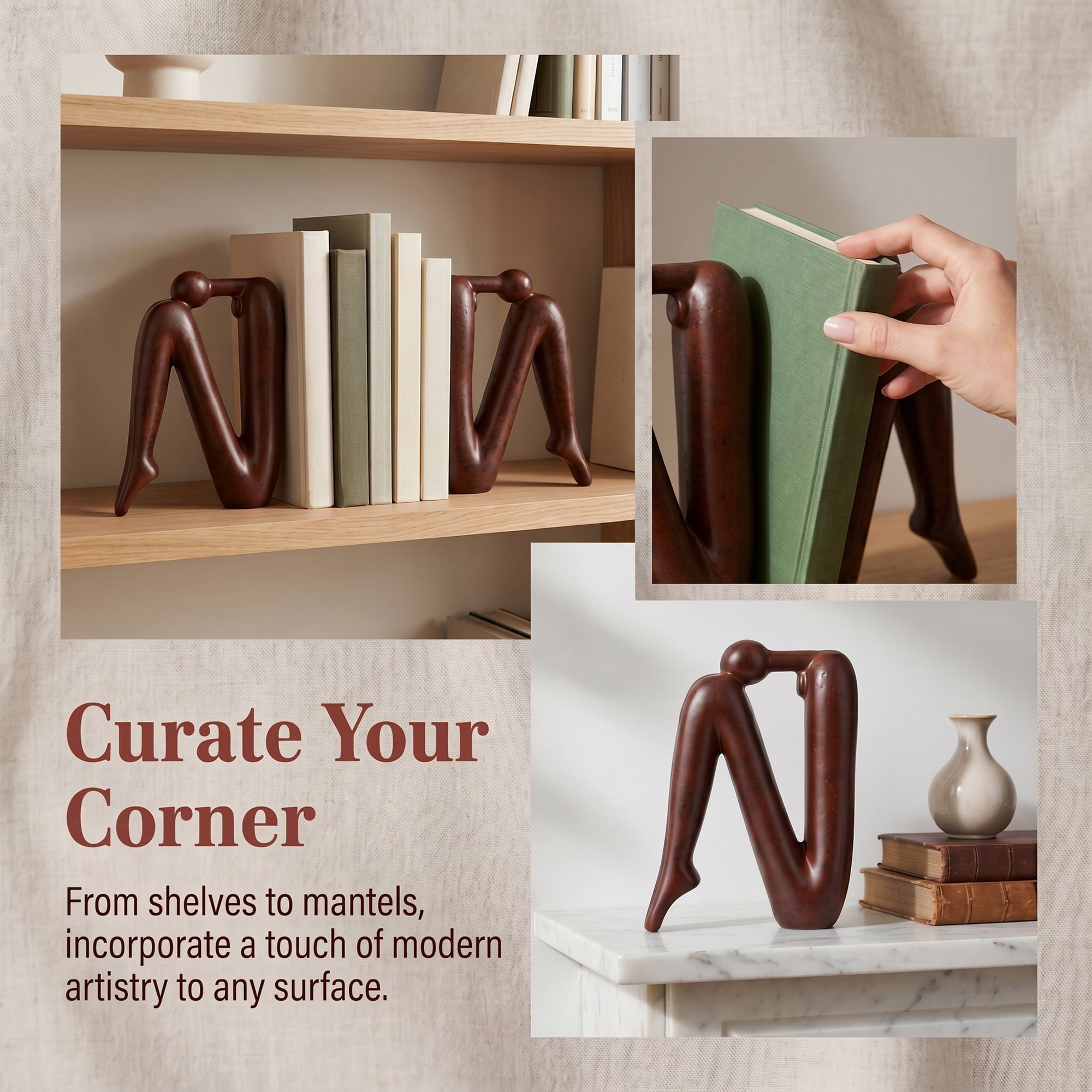 Unique Bargains Human Figure Bookends, Thinking Man Statue Decorative Book Ends Rust Red 5.5"x2.4"x8.3"