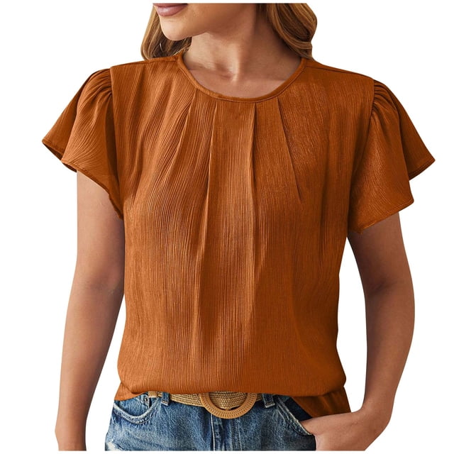Timegard Womens Tops Ruffle Cap Sleeve Crewneck Back Button Tee Ruched Lightweight Summer Beach Tops