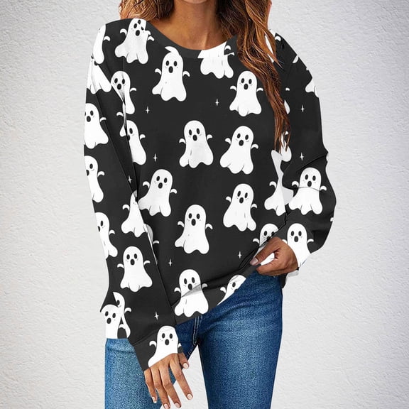 HAOTAGS Women's Tops Business Casual Holiday Halloween Black Sweatshirts Long Sleeve Crew Neck Graphic Shirts for Women