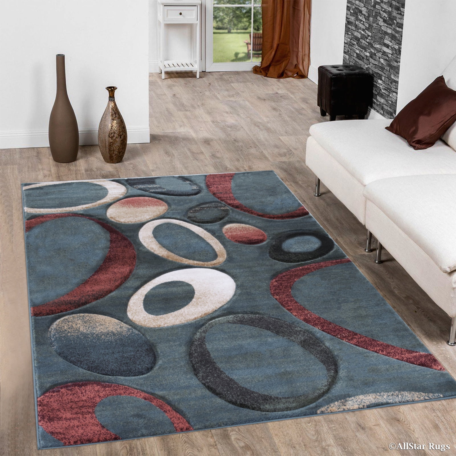 Allstar Teal Carved Circles Modern Geometric Area Rug (3' 9" x 5' 1