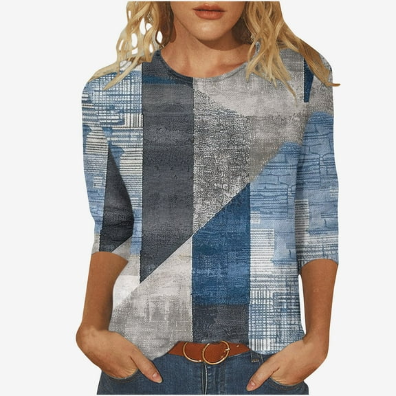 BangWanChi 3/4 Length Sleeve Womens Tops Plus Size Women's Fashion Printed Loose T-Shirt 3/4 Sleeves Blouse Round Neck Casual Tops