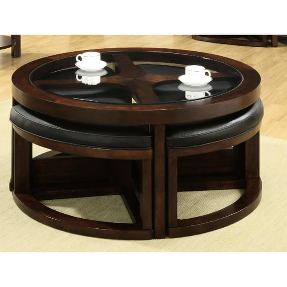 Solid Wood Dark Walnut Coffee Table With 5mm Beveled Glass And Ottomans Luxury Insert