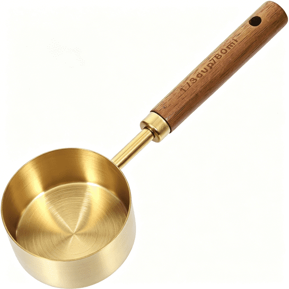 ACDANC 1/3 Cup Measuring Cup, 80Ml Stainless Steel Measuring Scoop Gold Coffee Scoop 1/3 Teaspoon with Wooden Handle for Baking Cooking Wet and Dry Ingredients