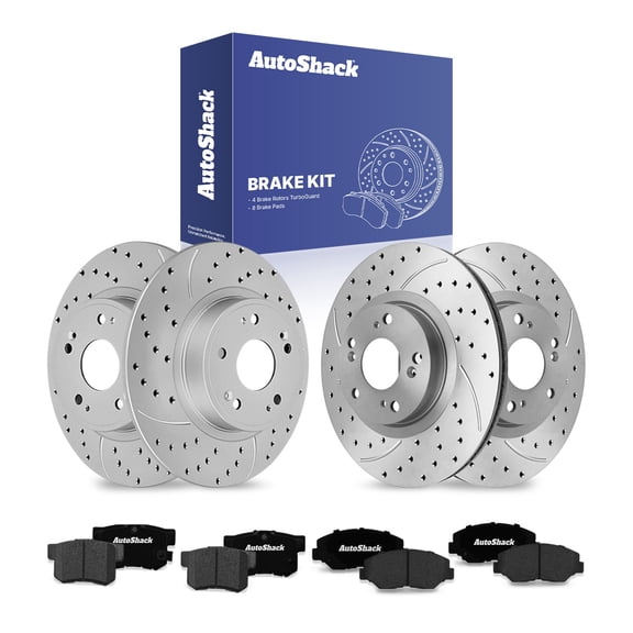 AutoShack Front Vented & Rear Solid Drilled & Slotted Coated Brake Rotors Silver Matte Finish   Ceramic Pads 12-PC Brake Kit Replacement for 2015 Honda Civic TurboGuard