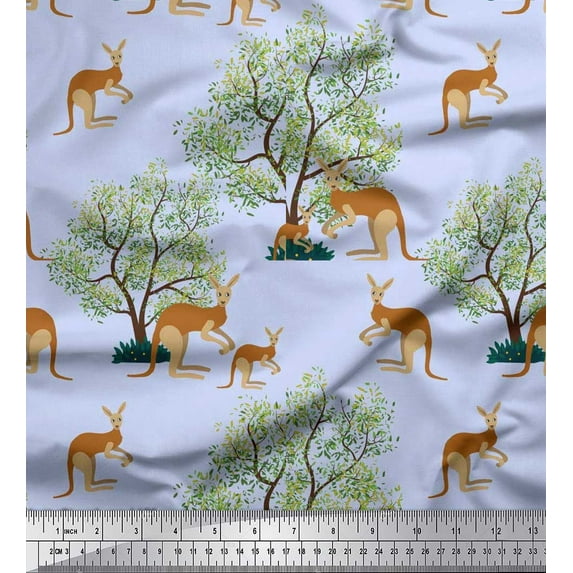 Soimoi Poly Georgette Fabric Tree & Kangaroo Animal Printed Craft Fabric by The Yard 52 Inch Wide
