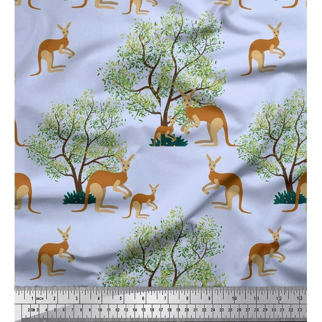 Soimoi Poly Georgette Fabric Tree & Kangaroo Animal Printed Craft Fabric by The Yard 52 Inch Wide