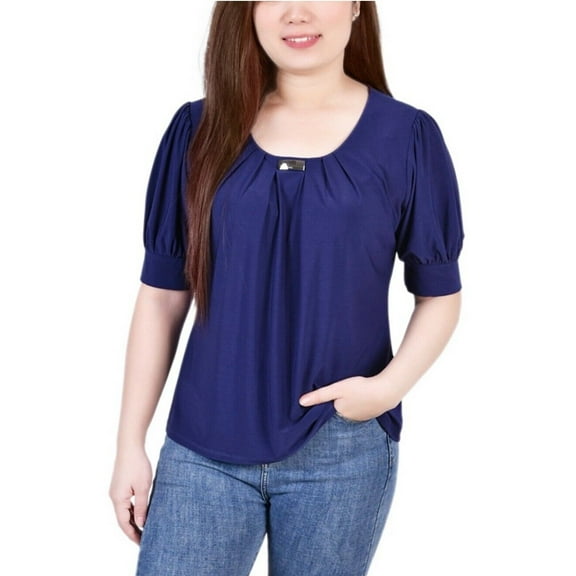 NY Collection Women's Short Sleeve Balloon Sleeve Top Patriot Blue Size XL