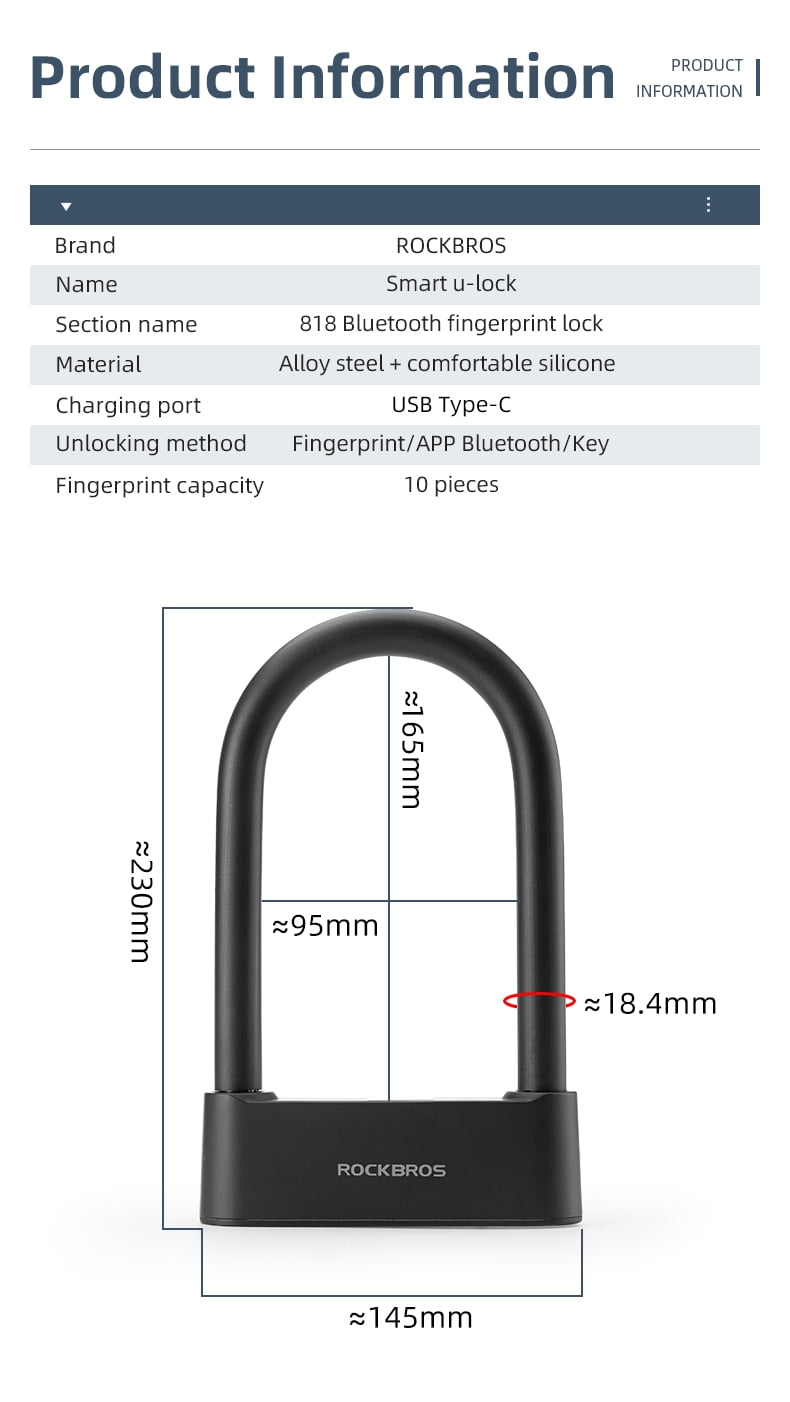Rockbros Heavy Duty Smart Remote Bike U Lock Fingerprint Bicycle Locks APP Lock