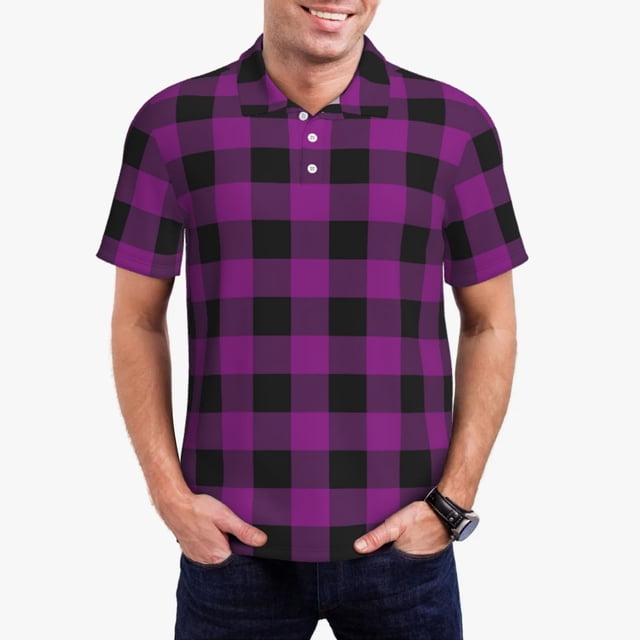 Fotbe Purple Black Plaid Camiseta Polo de Golf para Hombre con Estampado – Camisa Deportiva Transpirable con Cuello Abotonado-X-Large