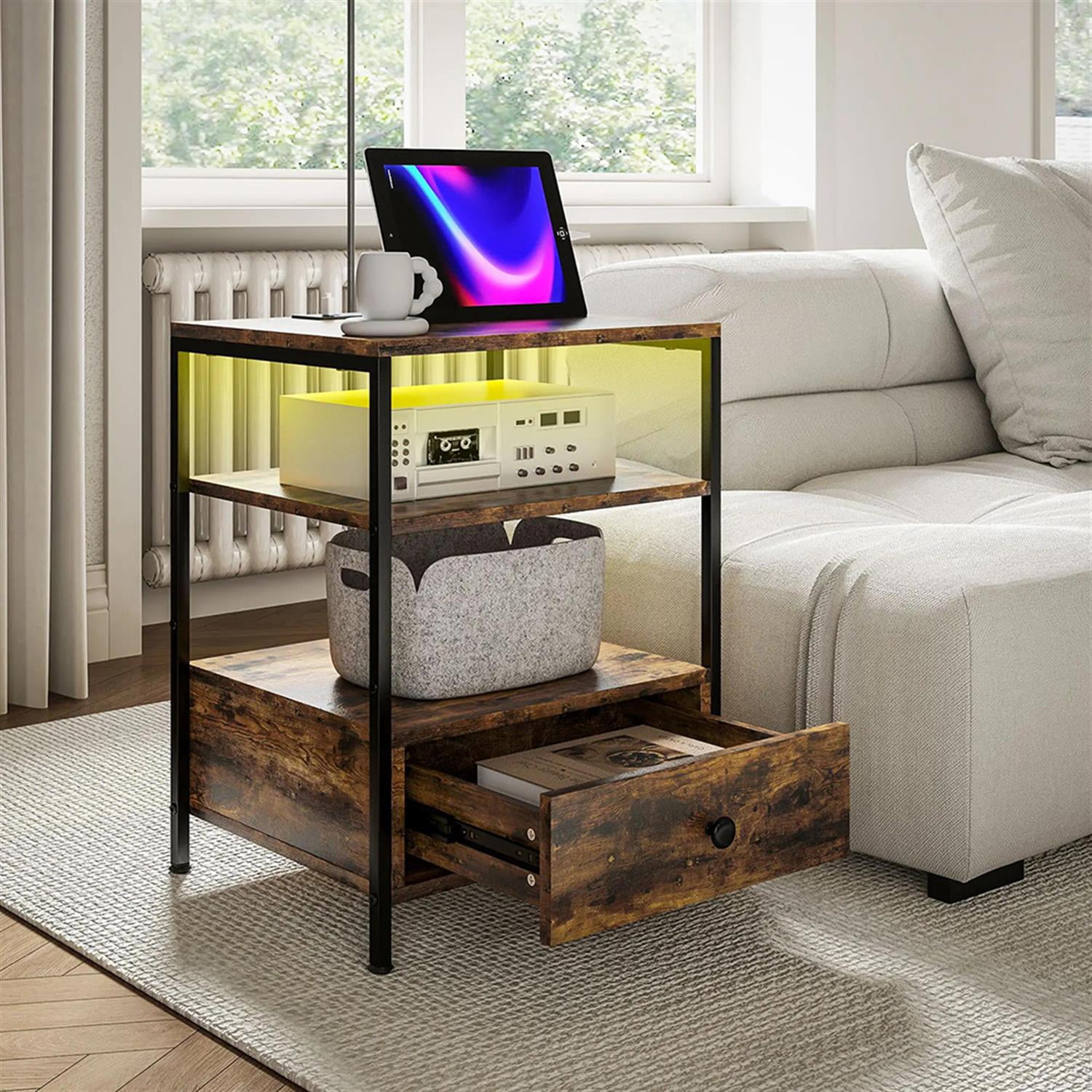 Demi Bonn Nightstand with Charging Station Set of 2, Side Table with Drawers and LED Lights, End Table with Open Shelf for Bedroom, Living Room, Brown