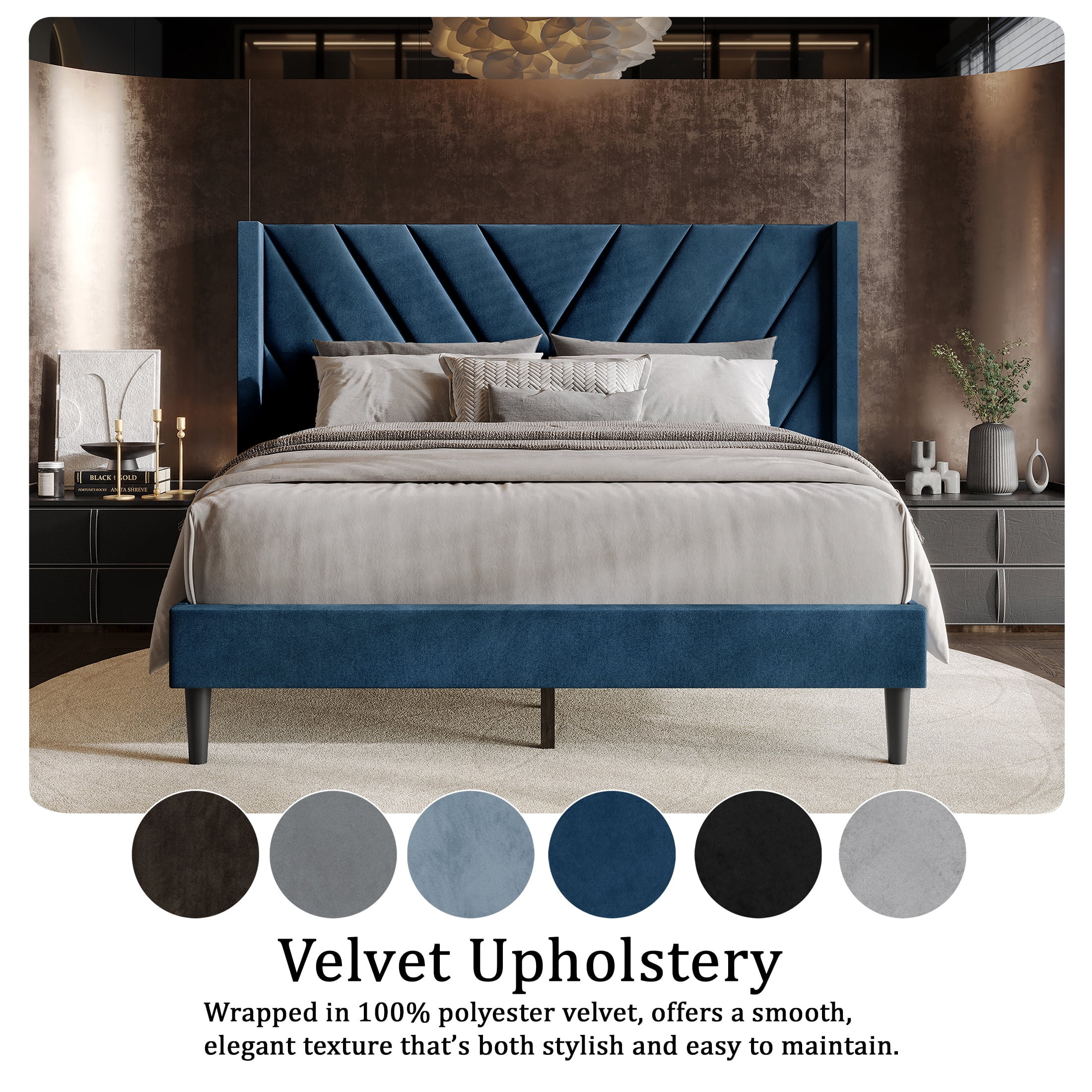 Castle Place Sophisticated Wingback Velvet Upholstered Full Platform Bed, Navy Blue