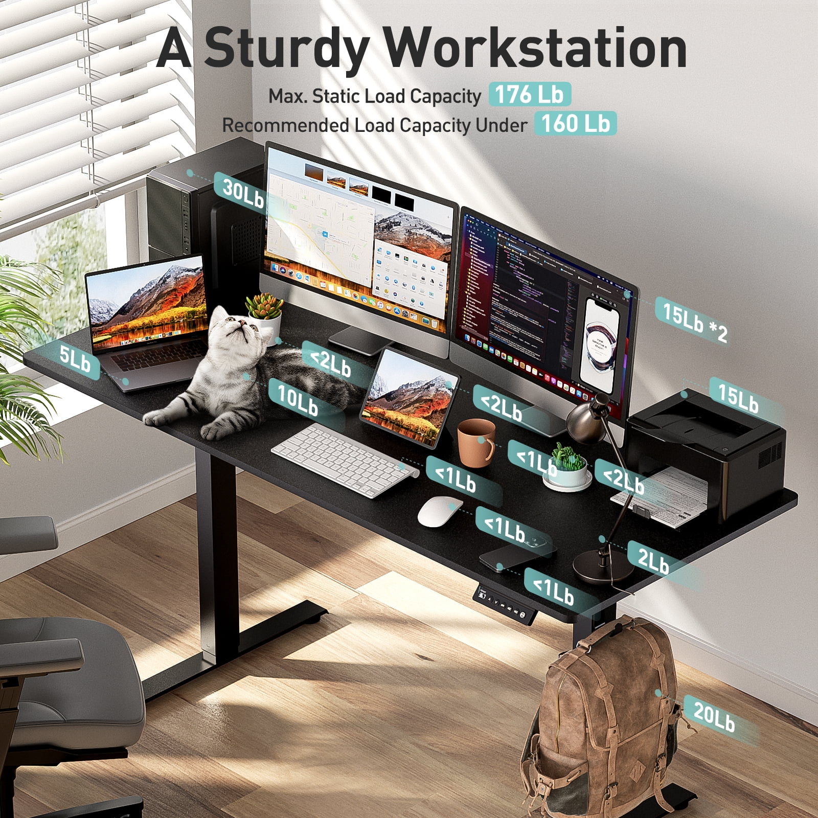VVENACE Electric Standing Desk, Office Desk, Computer Desk, 55 inch 4 Memory Height Ergonomic Sit Stand up Desk, Height Adjustable Desk, Black, 2 Split Boards