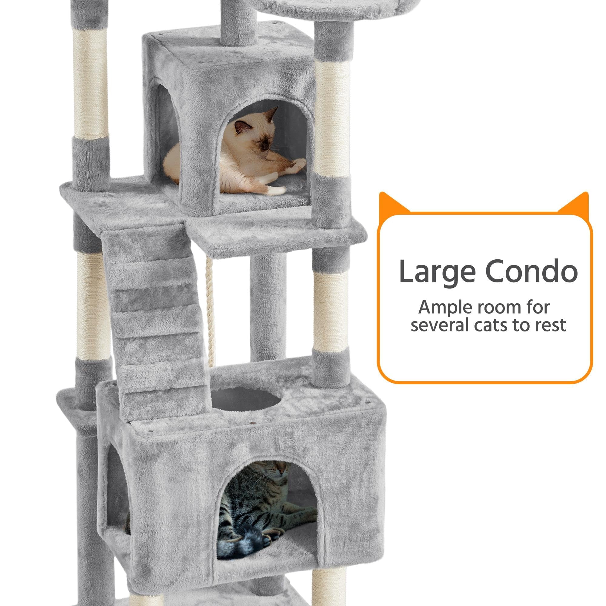 XL Cat Tree Tower with 2 Cozy Caves, 3 Perches, Scratching Posts, Board, Dangling Ball, Multi-Level Playhouse for Kittens and Adult Cats, Light Gray
