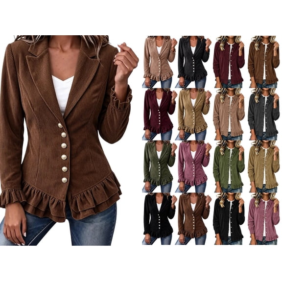 Dzrciro Corduroy Jacket Women, Plus Size Long Sleeve Lapel Button Brown Blazer Jacket with Ruffle Hem and Lace Cuffs, Elegant Fall Outerwear Jacket L