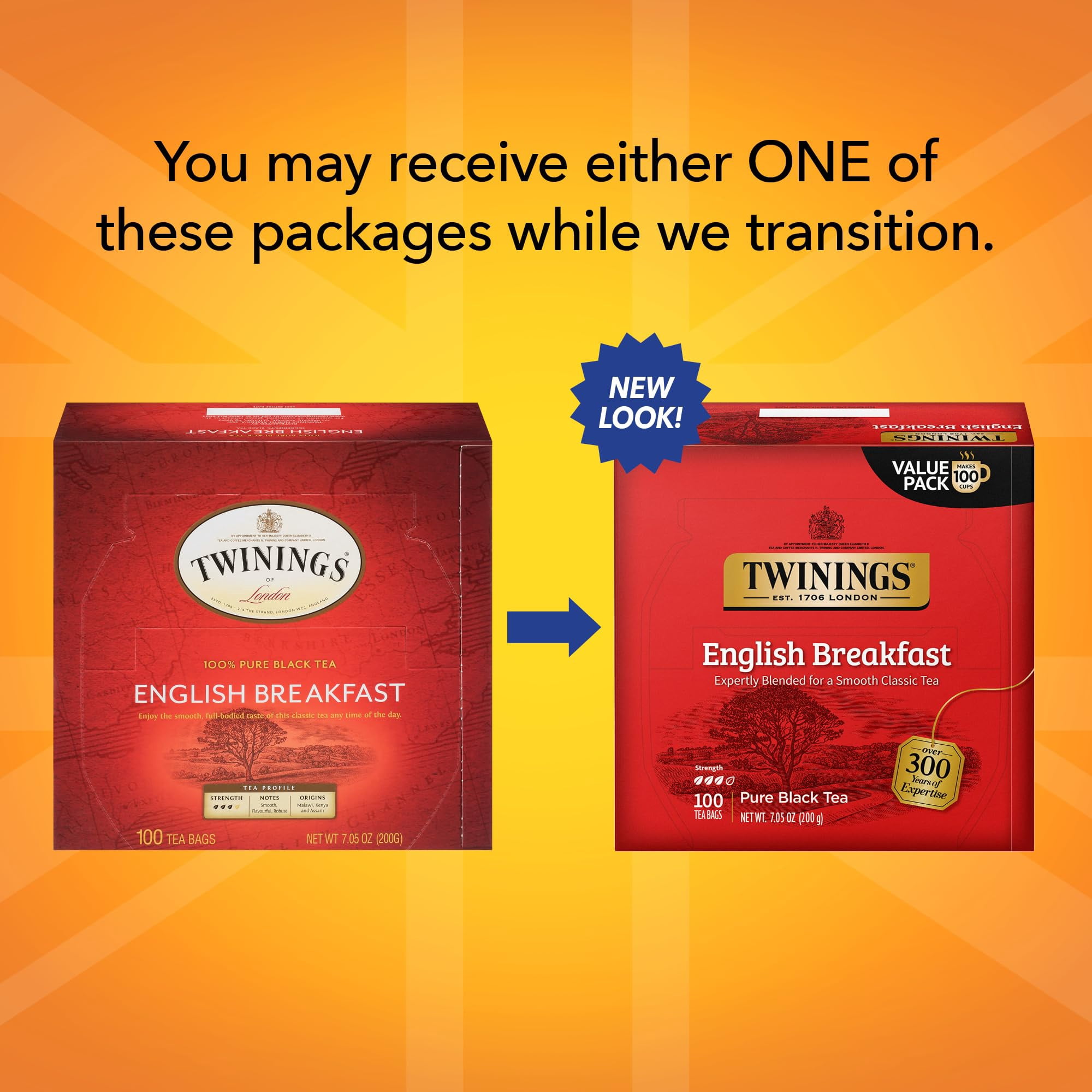 Pack of 2 - Twinings English Breakfast Black Tea Individually Wrapped Bags, 100 Count (Pack Of 1), Smooth, Flavourful, And Robust, Caffeinated, Enjoy Hot Or Iced | Packaging May Vary