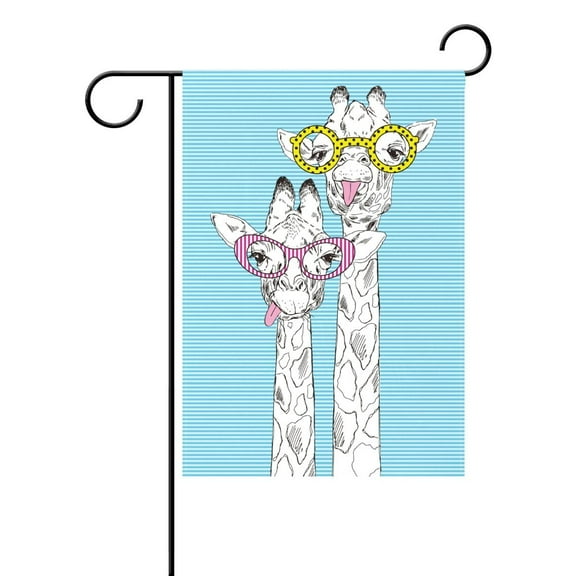 POPCreation Funny Giraffe in Glasses Garden Flag Blue Striped Outdoor Flag Home Party 28x40 inches