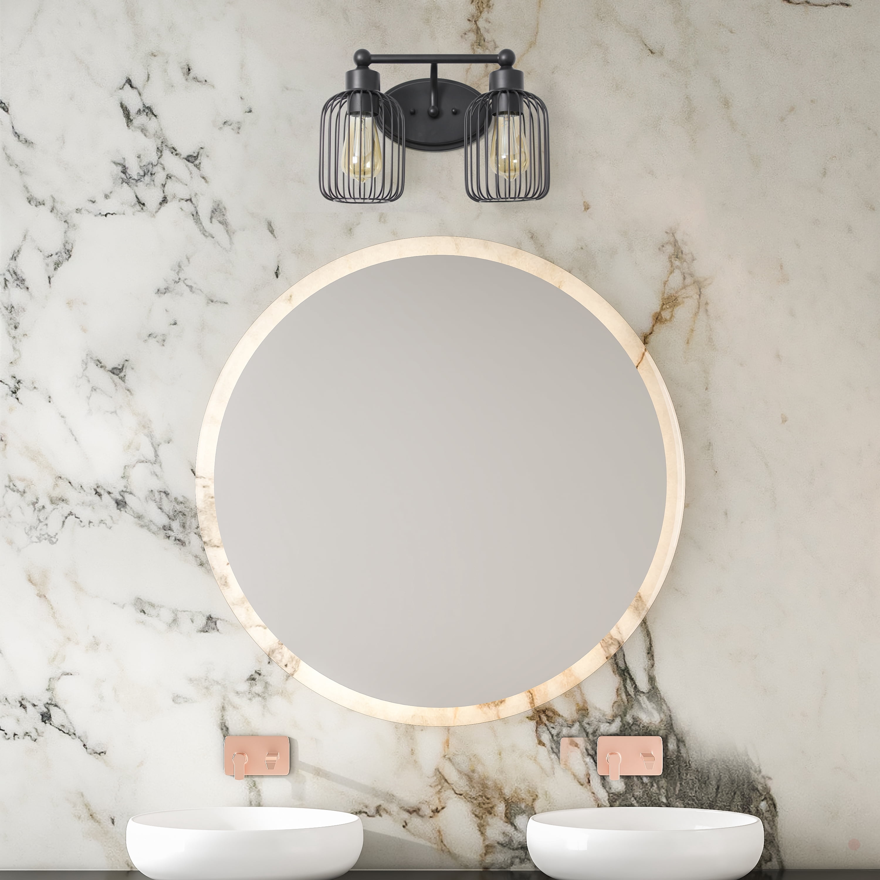 Elegant Designs 14" Industrial Farmhouse 2 Light Metal Birdcage Decorative Wall Mounted Vanity Fixture with Matching Metal Oval Backplate For Bathroom, Entryway, Hallway, Vanity, Black
