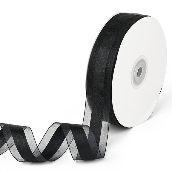 50 Yards 1 Inch Wide Black Sheer Satin Ribbon Transparent Mesh Chiffon Striped Voile Organza Edge Fabric Yarn Ribbons Bulk