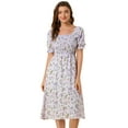 thumbnail image 1 of Vestido floral midi fruncido informal con mangas abullonadas y cuello cuadrado para mujer Púrpura XS, 1 of 6
