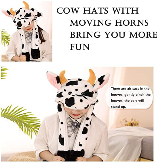 Cow Hat with Ears Moving Jumping Pop Up Beating Hat Plush Holiday Cosplay Dress Up 